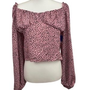 𝅺abound Balloon Sleeve Ruffle Collar Top, pink polka dot crop NWT